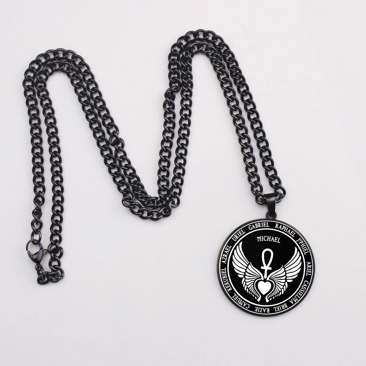 Feast Archangels 12 Guardian Angels Medallion Wings Heart Ankh Life Power Magic Amulet Jewelry Stainless Steel Pendant Necklace