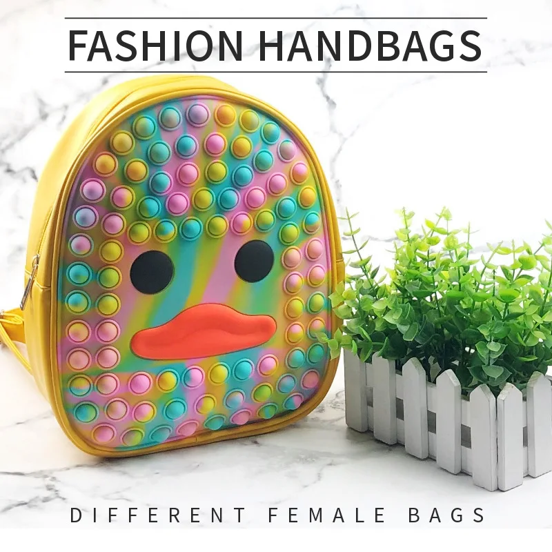 Duck Push Popping Bubble Fidget Sensory Toy Backpack Purse Rainbow Silicone Popis Fidget Purse School Pop Bags for Kids Girls
