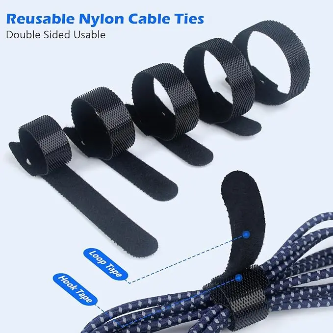 Best-Selling Adjustable Reusable Cable Ties Black Polyester Management for Home Office Desktop Charging Cables