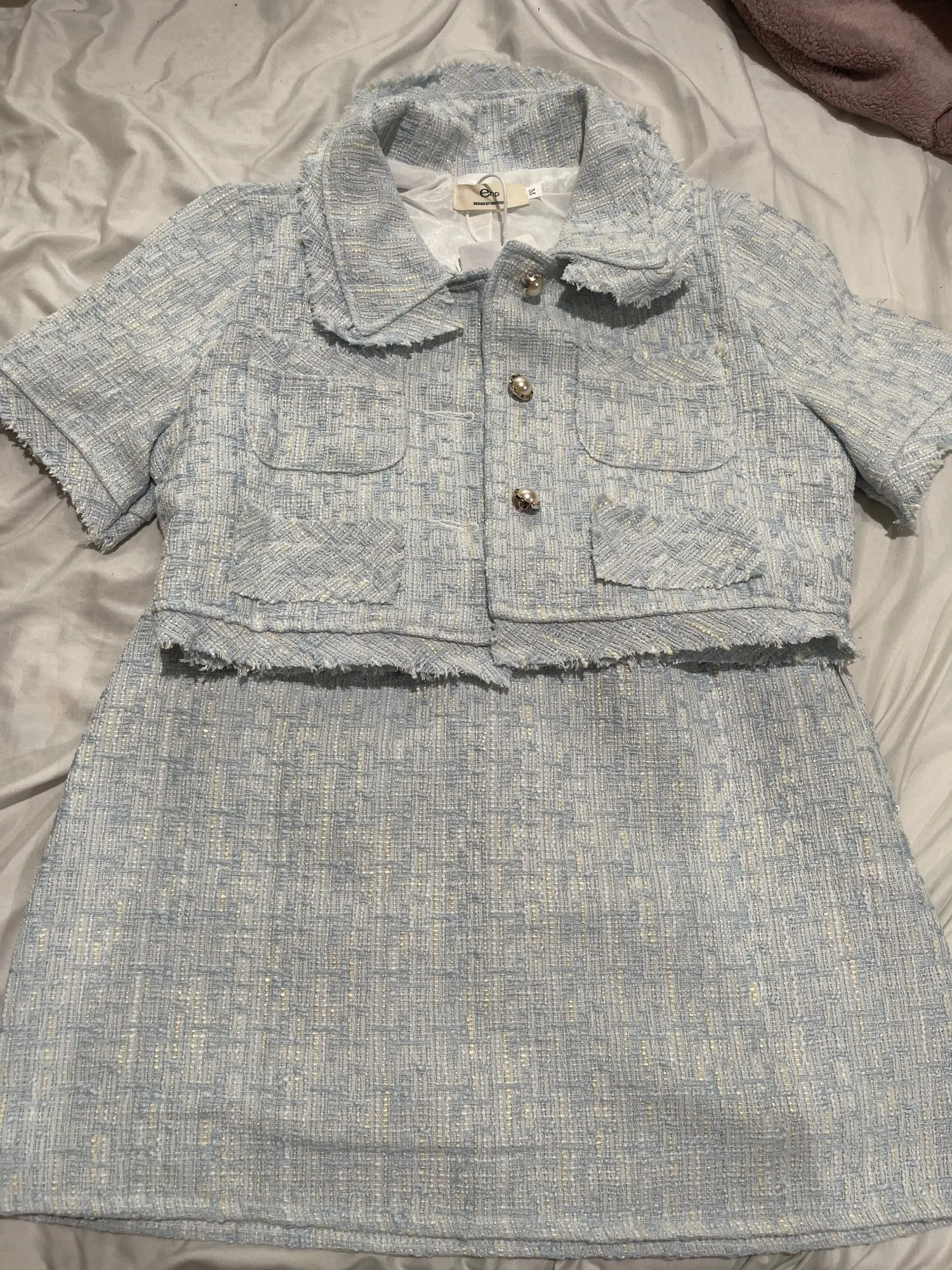 Korean Skirt Suit O-neck Puff Sleeve Shirt Coat Slim Bodycon Mini Skirts Set Korean Temperament Tweed 2 Piece Set Women