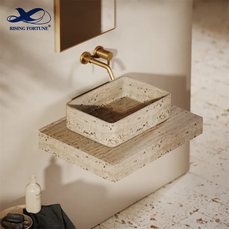 Factory Direct Sale Natural Travertine Rectangular Marble Stone Bathroom Sink Wall Hung Mounted Concrete Wash Basin for Hotel