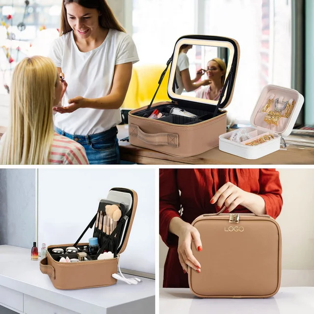 Multifunctional Pu Leather Cosmetic Case Travel Makeup Storage Box Led Cosmetic Bags