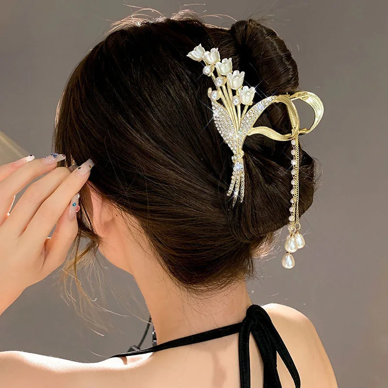 Elegant Large 13cm Hair Clip with Pearl Rhinestone and Lily of the Valley Tassel and Wheat Design