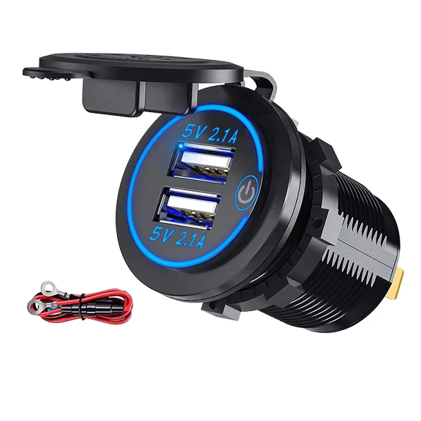 2024 Trendy Dual USB Port Car Charger Power Adapter Waterproof PC Golf 5V 2.1A Charger Socket LED QC3.0 12-24V Three Colour LED