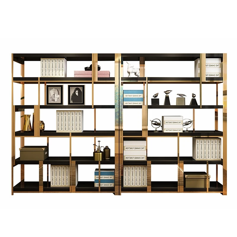 Light Luxury Design Gold Metal Frame Black Panels Modern Book Display Cabinet Wholesale for Villa