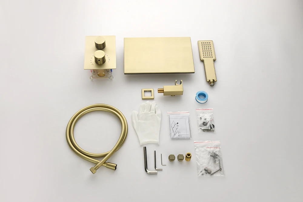 Embedded Wall-mounted Bathtub Tap, Elegant Gold Finish, Waterfall Flow, Includes Handheld Showerhead, Temperature Control