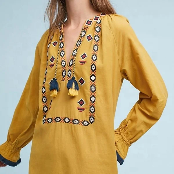 
Wholesale V-neck spring long sleeve embroidery clothes dresses for women ladies 