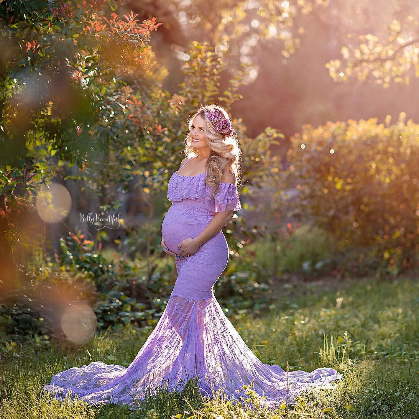 Mermaid High Waist off shoulder Maternity Dress Acrylic & Lace scallop & long style patchwork ladies clothes