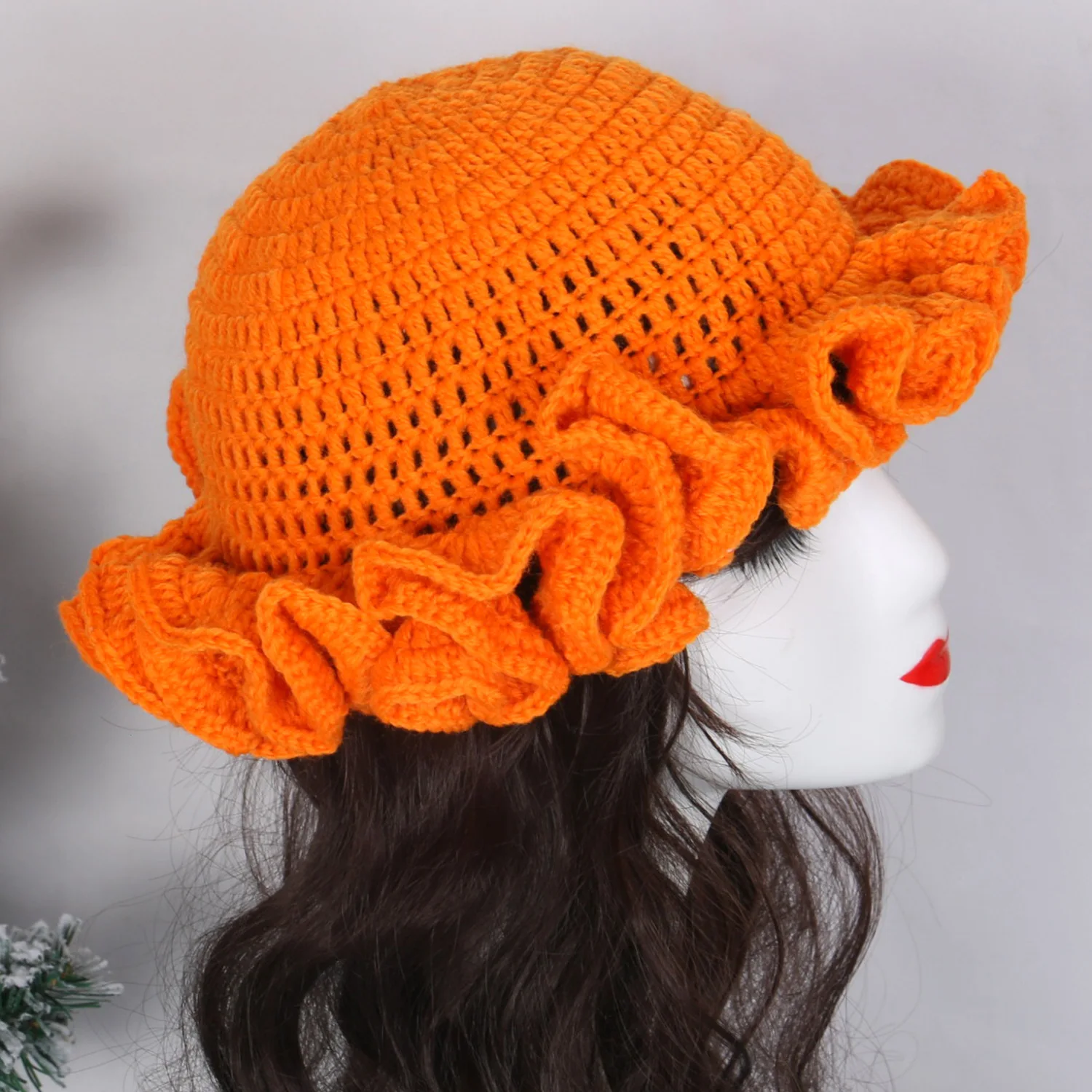 New Trendy Handmade Women Crochet Bucket Hats Y2k Fashion Cute Fluffy Pleated Ruffle Brim Knitted Hat