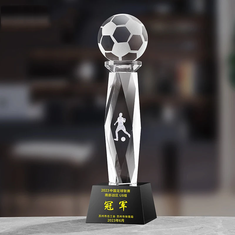 Custom hand made 3d engrave big world trophee de football glass crystal ball award soccer Trophies Cup for Sports kristal trophy