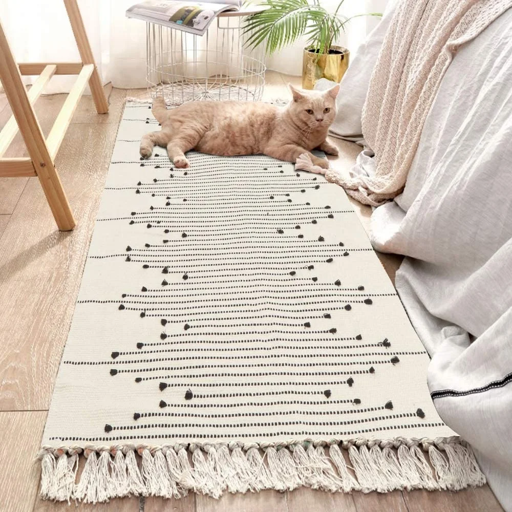 
Wholesale Kilim White Cotton Handmade Woven Long Runner Rugs Farmhouse Home Decor Reversible Washable Outdoor Moroccan Boho Rugs 