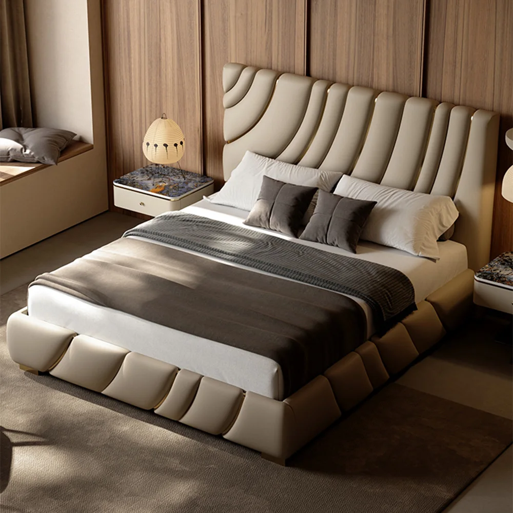 European Modern Design King Size Bed Luxury Beds Leather With Soft Back Headboard Solid Wood Frame Queen Size Double Bed