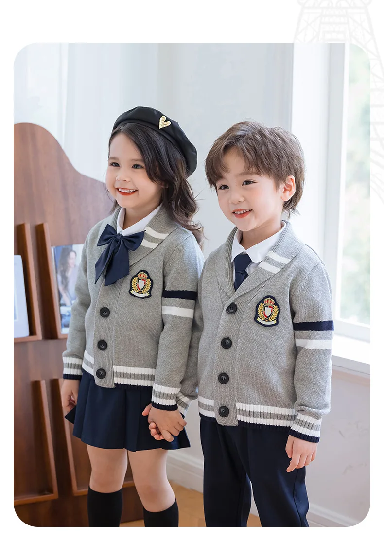 Factory Custom Kindergarten uniforms college varsity academy cardigan sweater set elementary school uniforms