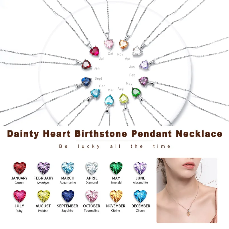 Multi Color Birthstone Crystal Diamond Stones Heart Necklace Jewelry Real 925 Sterling Silver CZ Zircon Pendant Necklaces Women