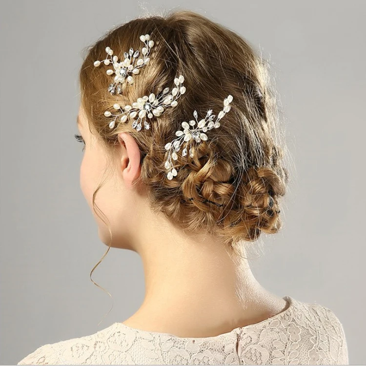 Korean golden white alloy pearls flower crystal hair pin Girl luxury fashion hairpins Bridal wedding forks