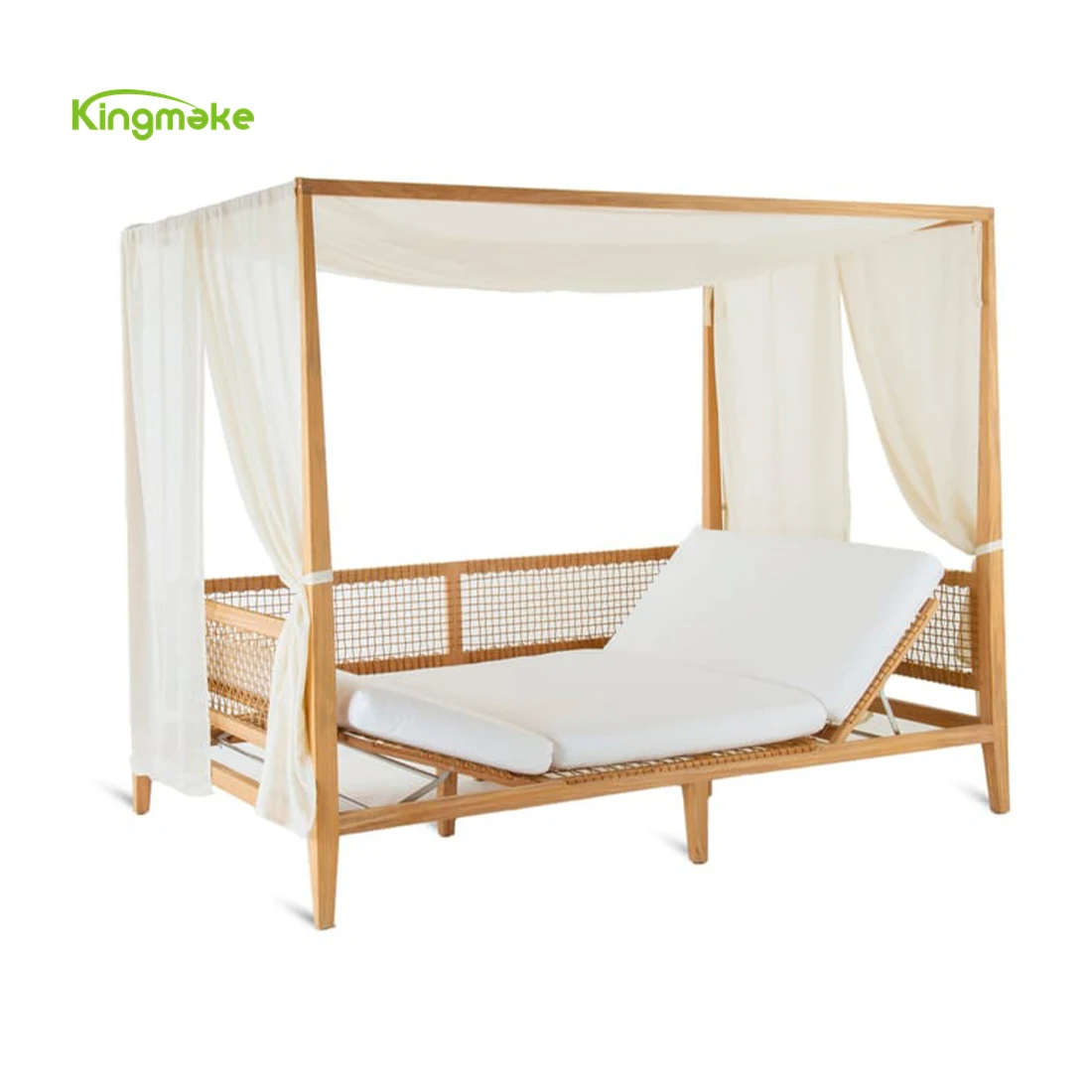 Quality Solid Wood Lounger Beach Pool Sunbed With Canopy Outdoor Garden Hotel Teak Sunbed With Curtains