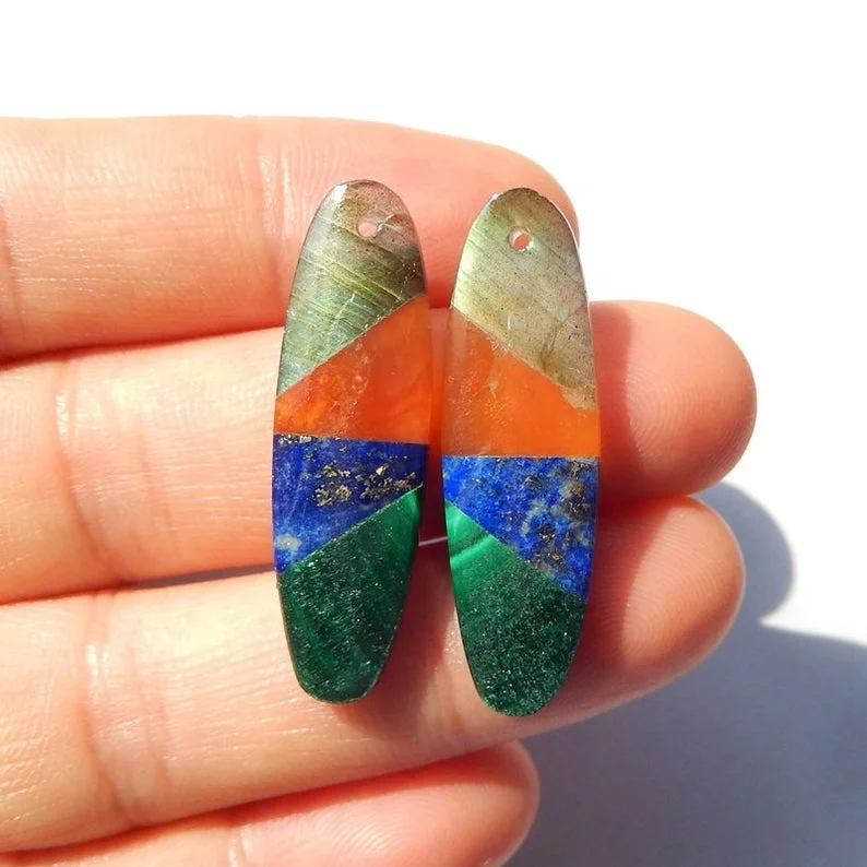 Oblong Earrings Pendant Pair Red Agate, Lapis Lazuli, Labradorite And Malachite Intarsia Drop Earring Bead, 32x10x4mm, 5.5g