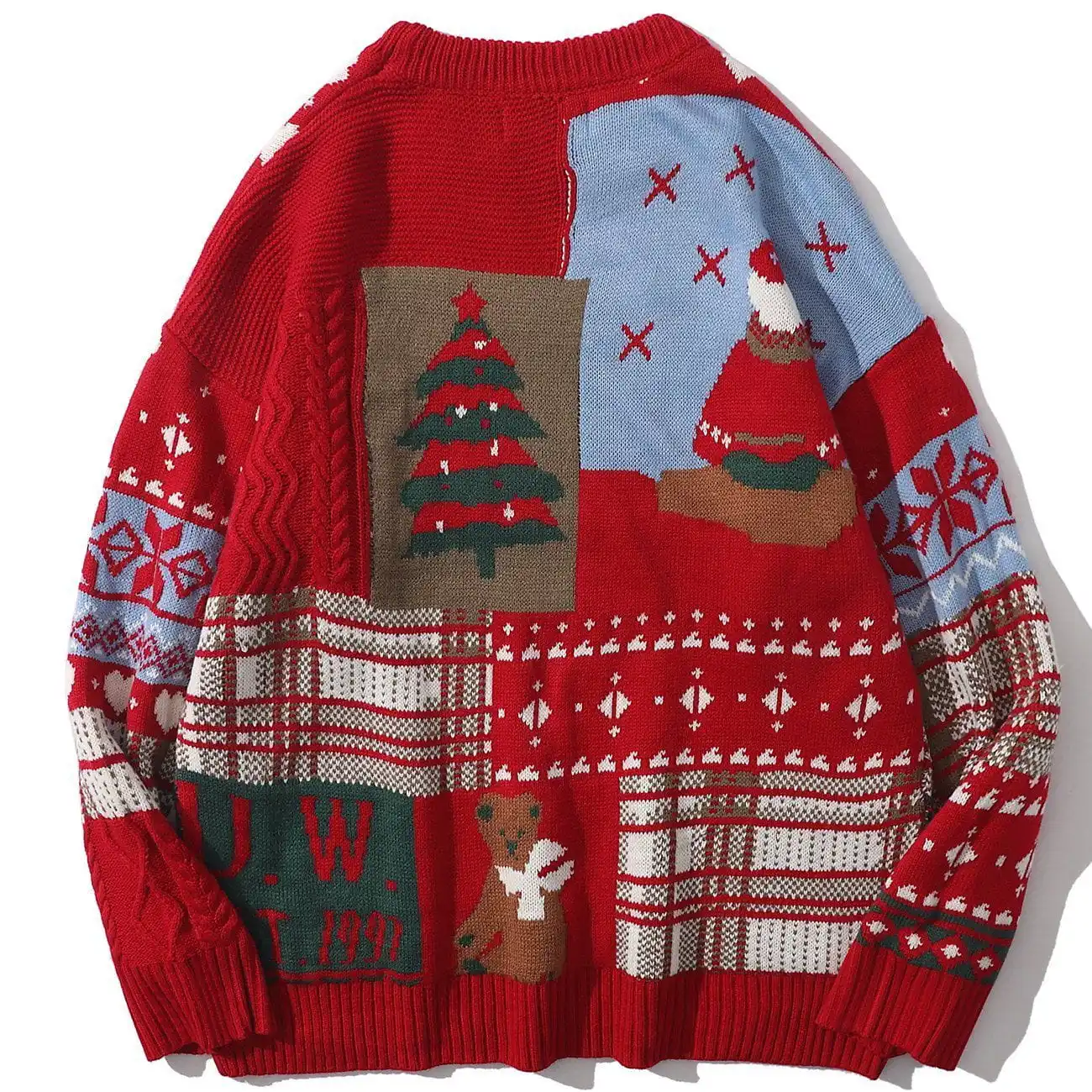 Customized Sample & LOGO Winter Christmas Patchwork Animal Bear Jacquard Knit Crew Neck Pullover Sweater