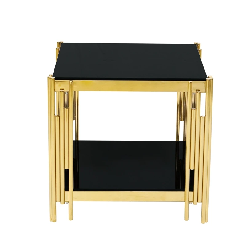 Modern Living Room Golden Stainless Steel Base Black Stand Tempered Glass Top Side Table