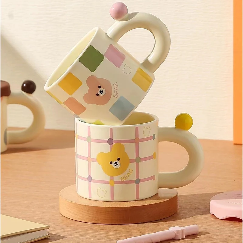 Solhui Cute cartoon bear ceramic coffee mug with straw creative animal water cup