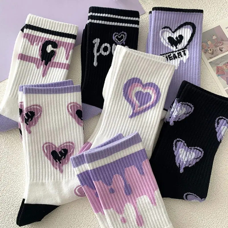 Jingwen women cotton material purple suit mid-tube cartoon sports socks