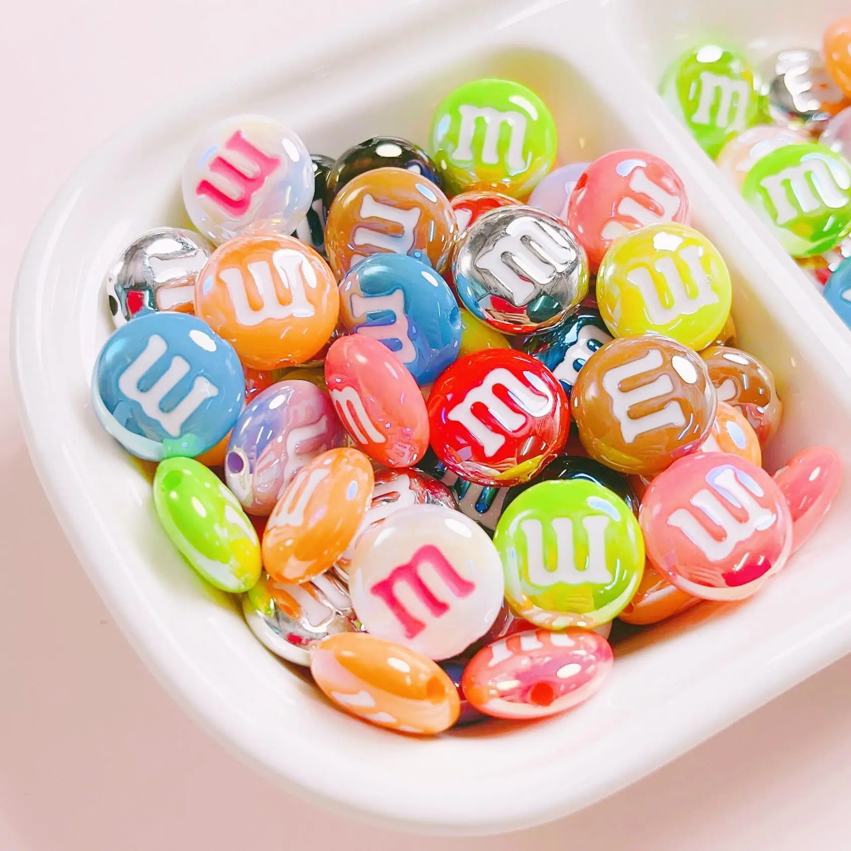 Explosive 14mm light plated rainbow M bean loose beaded diy mobile phone chain key chain material accessories