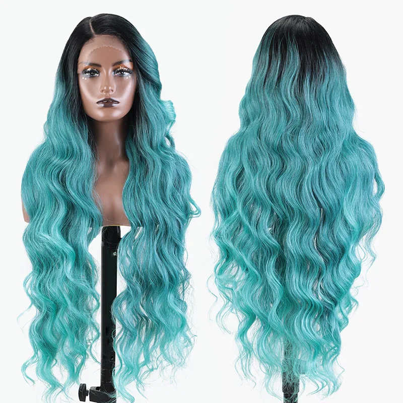 Long Layered Body Wave Grace 36 Inch Floral Purple Black Color Heat Resistant Synthetic Hair Easy 360 Synthetic Lace Front Wig