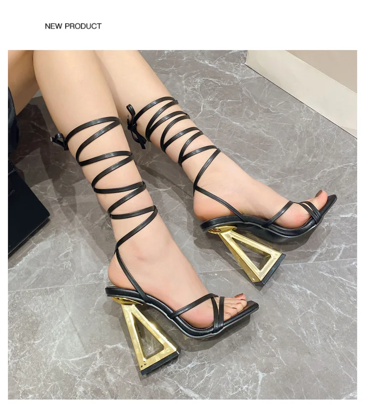 PDEP  Custom logo 2023 New square Toe Gold Lace up  Block Heels Women Shoes  Peep Toe High Heels Sandals for Ladies
