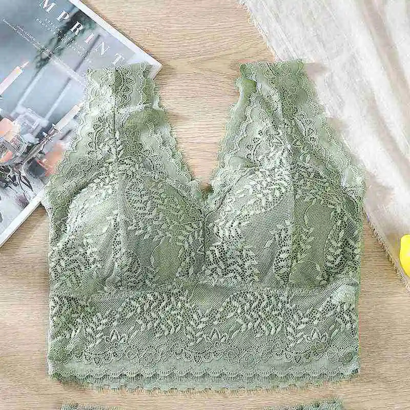 Sexy Ladies Transparent Lace Vest Female Soft Wide Straps Bandeau Removable Padded Wireless Lace Wrapped Chest Tube Tops