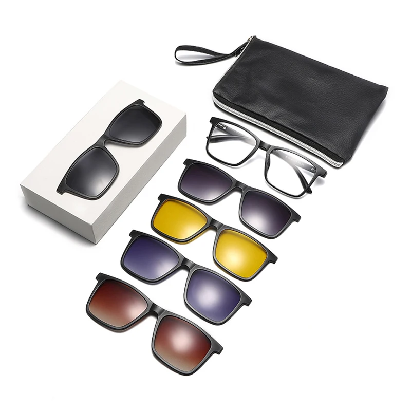 DL GLASSES 2024 Wholesale Glasses TR Frame Night Vision Oculos UV400 Polarized Eyewear Square 5in1 Magnetic Clip On Sunglasses