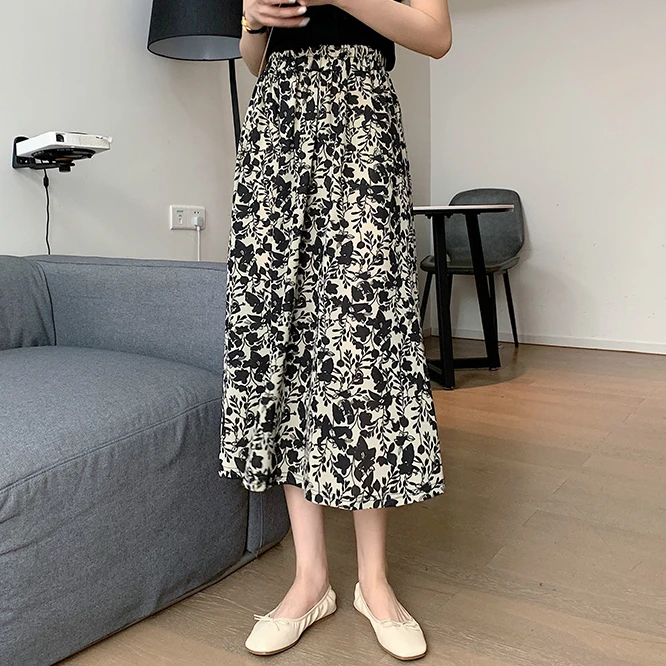 Boho Skirts Casual A-Line Long Pattern High-waist Wrap Tweed Skirt OEM/ODM Maxi Chiffon Printed Pleated Floral women Skirts