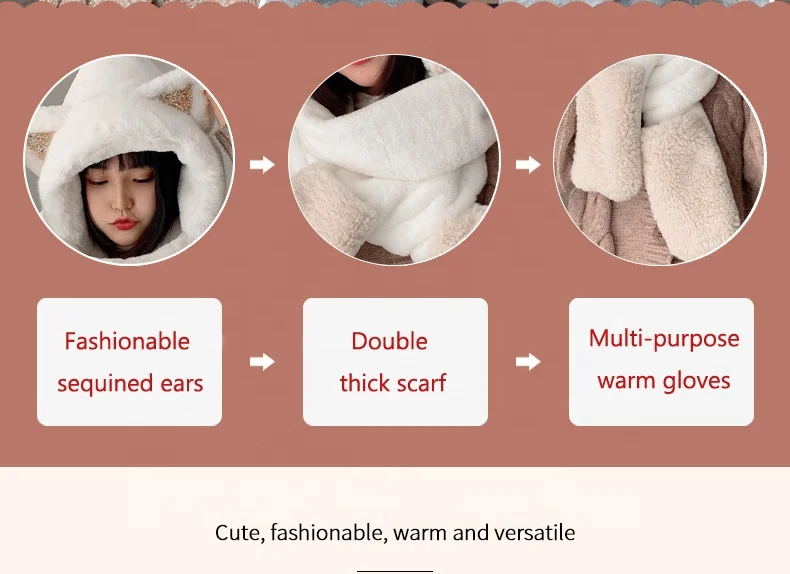 Wholesale 3 in 1 Warm Woman Plush Fluffy Cartoon Winter Hats Scarf Mitten Gloves with Pockets Hoodie Hat Long Wraps