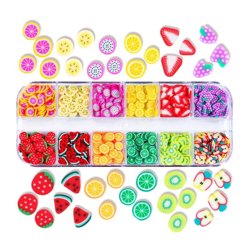 Decor Rhinestone 12 Grids Box Nail Fruit Slices Decorations Decal Soft Polymer Clay Tips 3D Cartoon Summer Nail Art Accessories