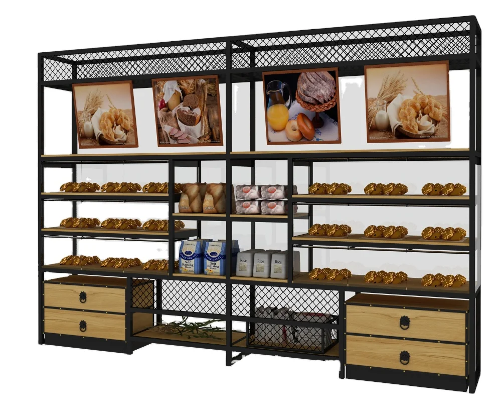 High quality cheap cafe shop wall along bread bakery display showcase / racks