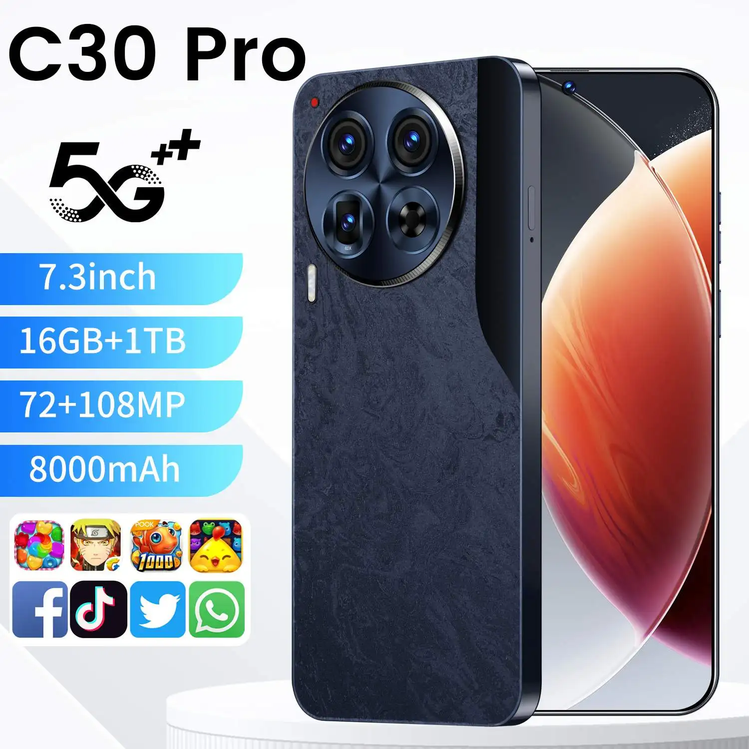 C30 Pro Smartphone 6.54' 2K Android Global Gaming Phone with 3500mAh Battery Dual SIM 256GB ROM LTE and CDMA Mobile Phone