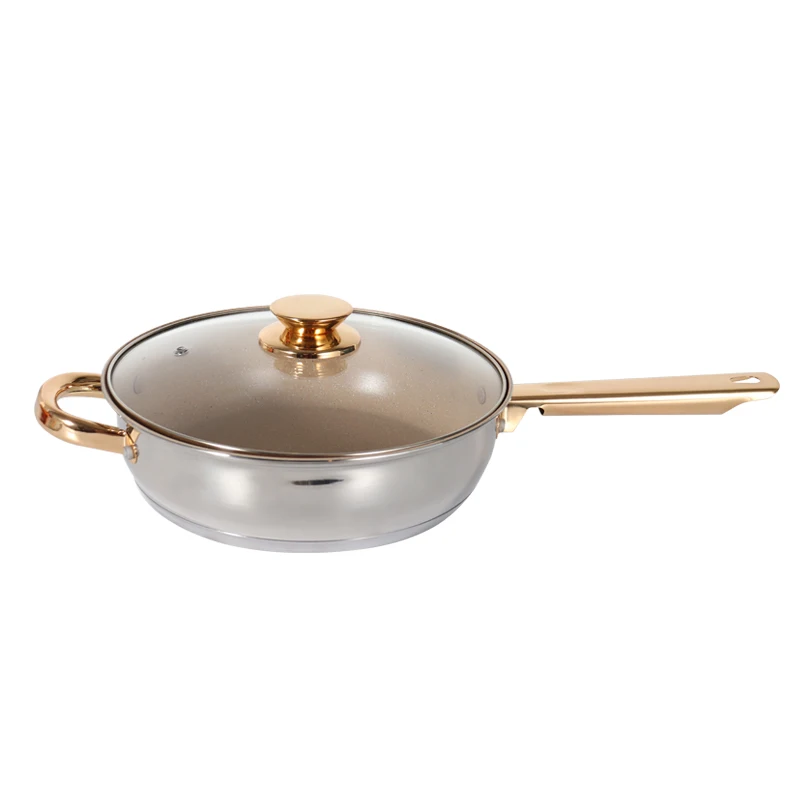 Best Price Stainless Steel Cookware Set With Nonstick Coating Deep Fry Pan With Gold Plated SS Handle