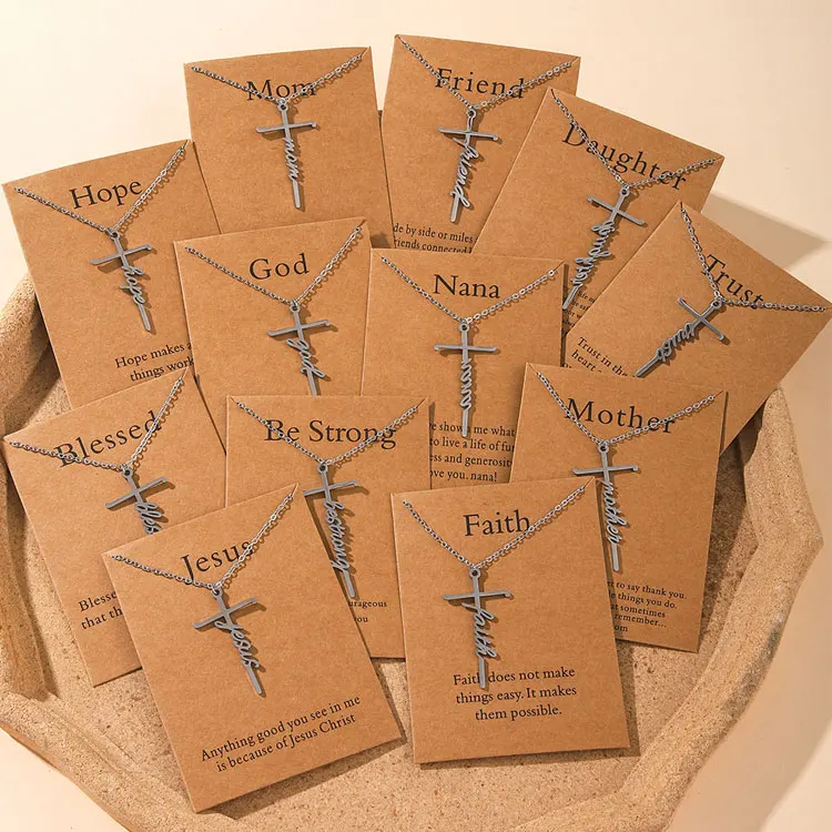 Wholesale Stainless Steel Religious Faith Necklaces Jewelry Inspirational Letter Hope Blessed Trust Mom Cross Pendant Necklace