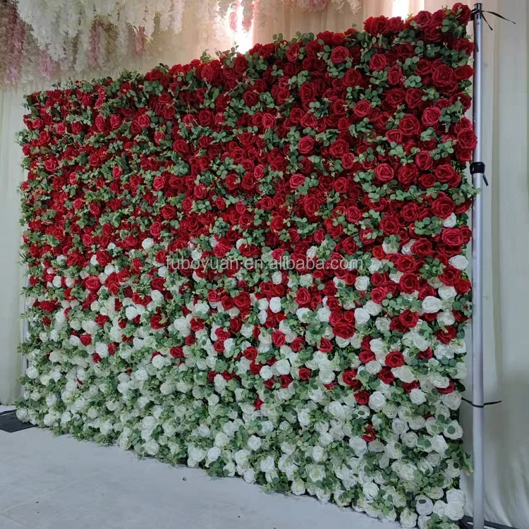 L01 Wholesale 3D Roll Up Ombre Fake Flower Wall Backdrop Mat Artificial Silk Rose Peony Floral Wall Panel For Wedding Home Decor