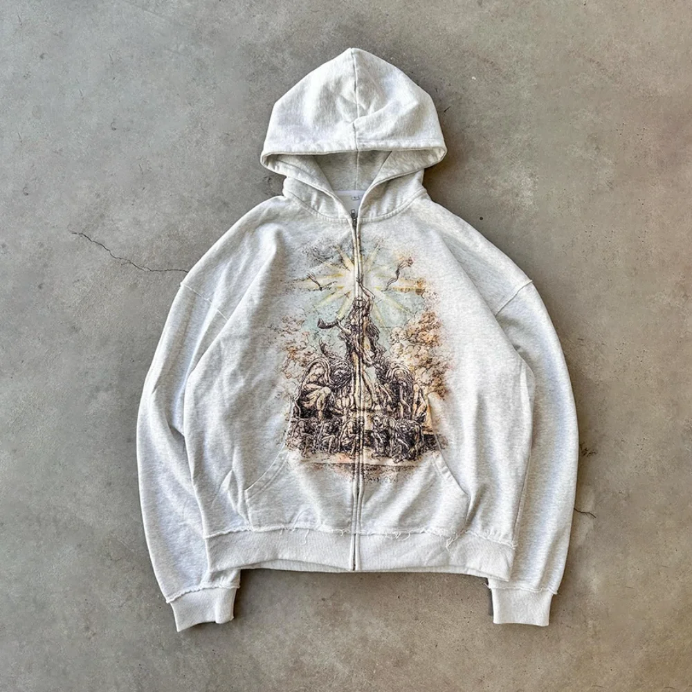 Streetwear 500 Gsm Heavyweight Dtg Drop Shoulder Sweatshirts  Distressed Custom  French Terry  Zip Up Hoodie For Men