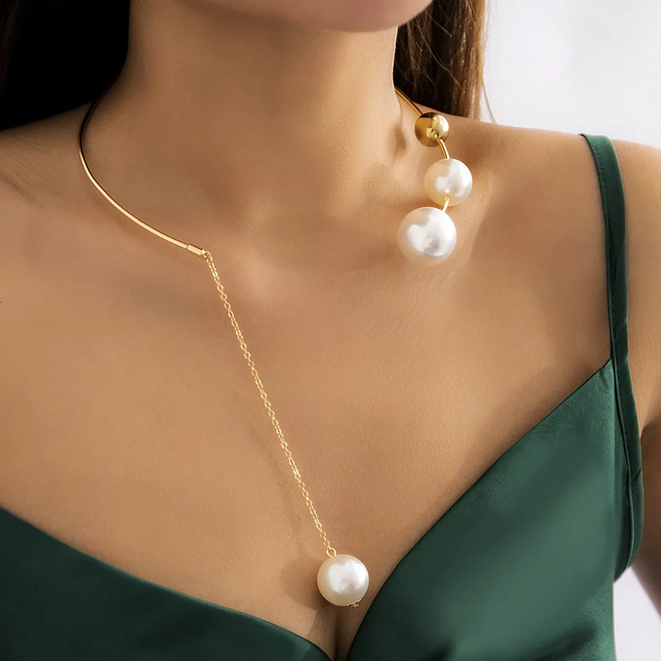Simple Geometric Personality round Bead Clavicle Chain Necklace Open Collar Imitation Pearl for Wedding Stainless Steel Jewelry