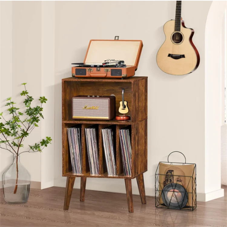 Brown Turntable Stand Holds Mid-Century Vinyl Storage Cabinet Table with Solid Wood Legs