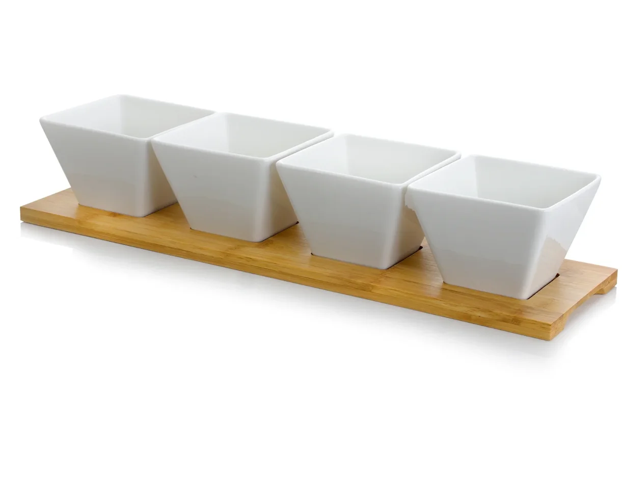Divided Serving Dishes 5pc Appetizer and Condiment Server Bamboo Block Condiment Server with Bamboo Pallets