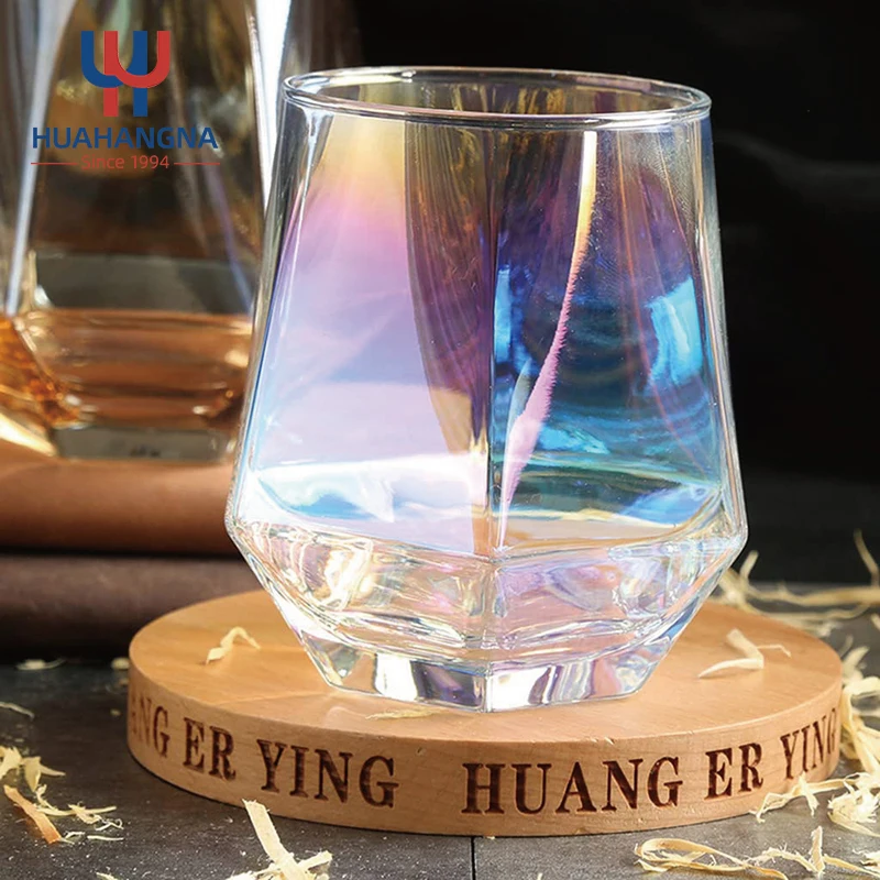 Crystal Glass Spirit Bourbon Cognac Scotch Cocktails Whiskey Glass 10oz Rainbow Diamond Stemless Wine Glasses Set for Wedding