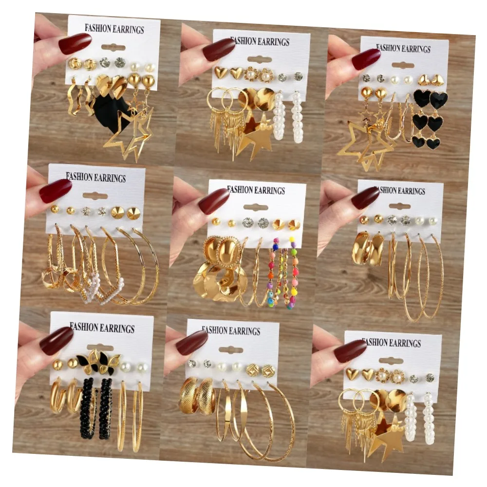 Hot Sale Trendy Gold Star Hoop Earrings Set For Women Jewelry Party Gift Geometric Pearl Circle Drop oil Stud Earrings Set