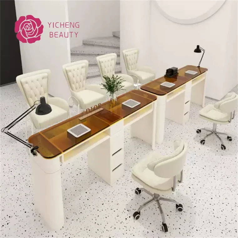 Yicheng Beauty Modern Nails Table Salon Manicure Furniture Glass Nail Tables and Chairs Sets With Dust Collector From China
