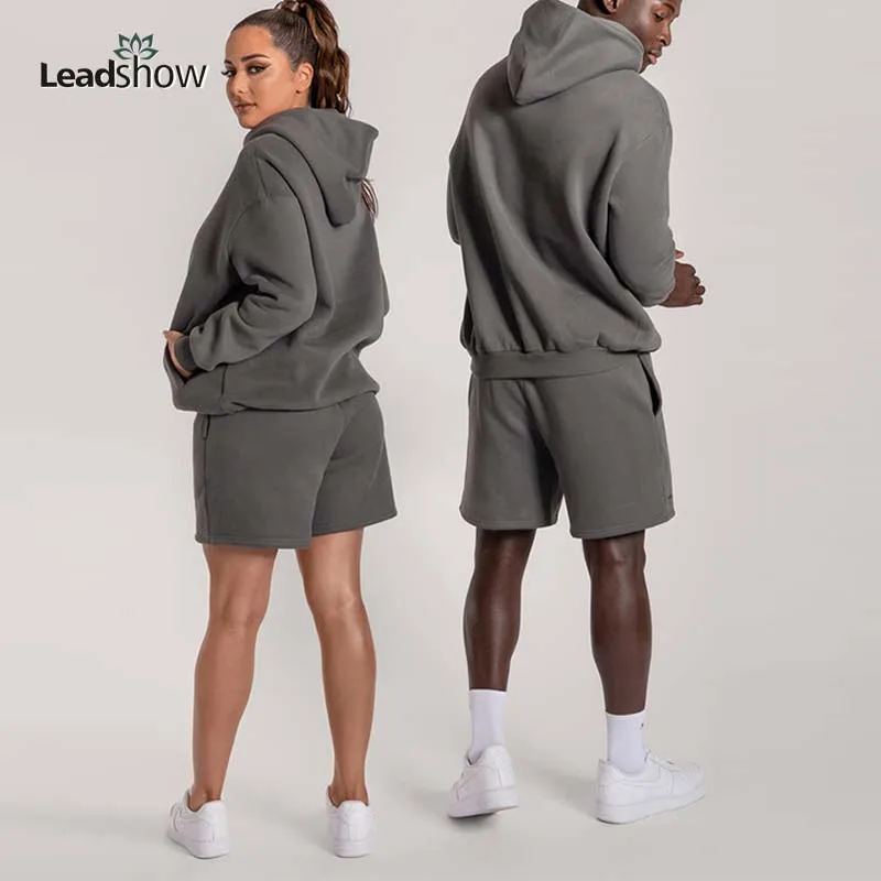 Wholesale Gym Plus Size Workout Tracksuit Organic Cotton Custom Logo Unisex Blank Clothing Hoodie Two Piece Shorts Sets Clothing