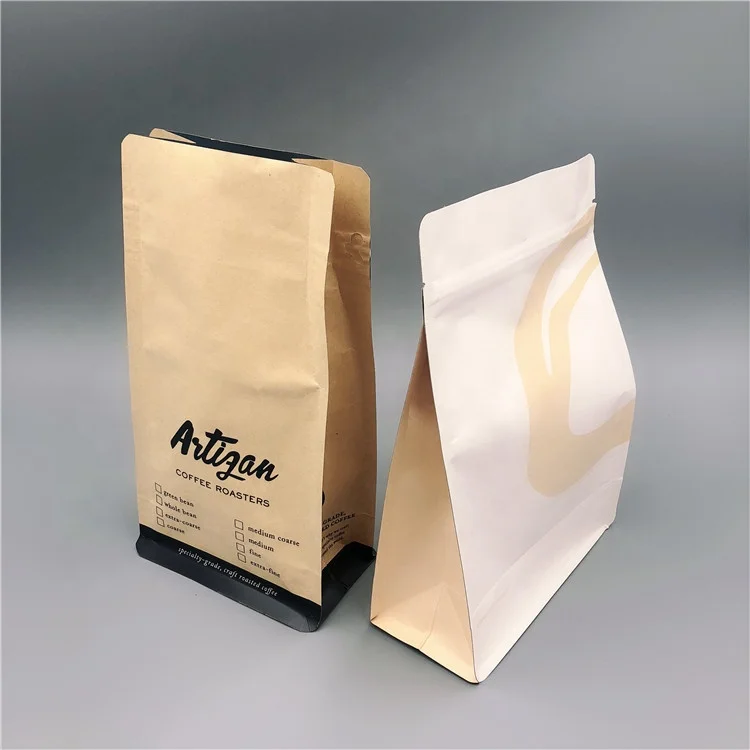 China Factory Wholesale Stand Up Pouch Flat Bottom Packing Bag Kraft Paper Coffee Bag With Valve Recycle