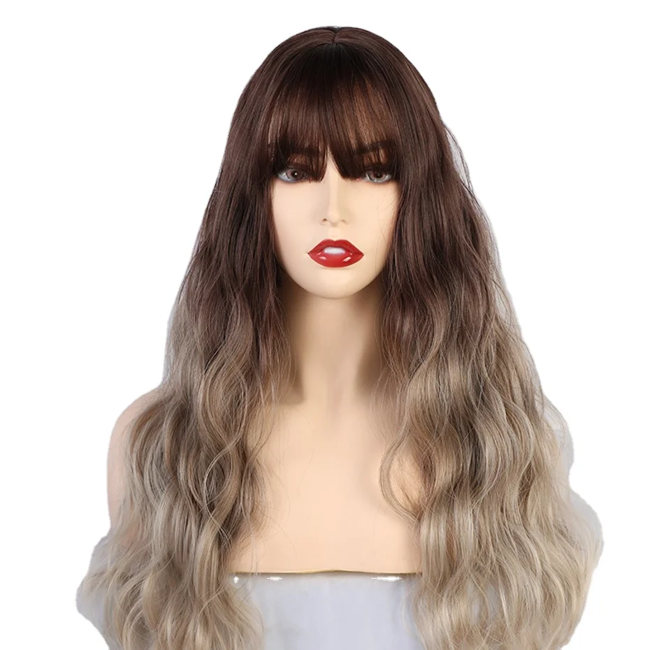 Factory Wholesale Long Natural Wave Hair Synthetic Ombre Brown to Grey Purple Wigs with Bangs for White/Black Women