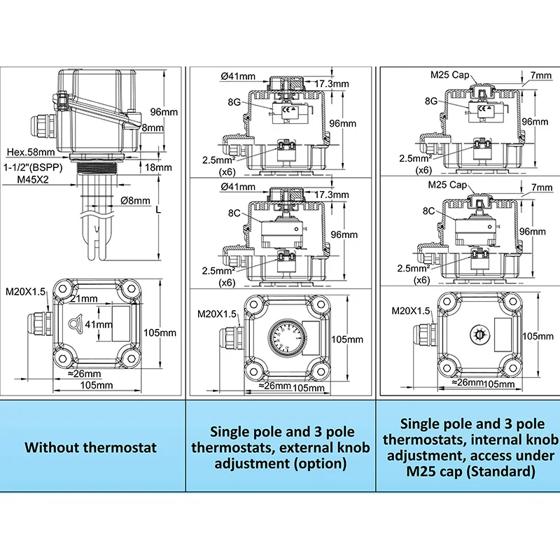Ultimheat Immersion heaters With aluminium housing With thermostat High power Incolloy 825 Brass terminals 9ST5 heater