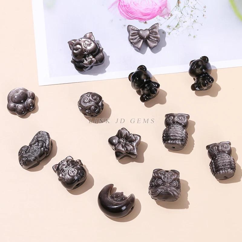 Natural Stone Silver Obsidian Carved Patterned Bead Cat Paw Pixiu Animals Shape Bead With Hole For Jewelry Making Necklace